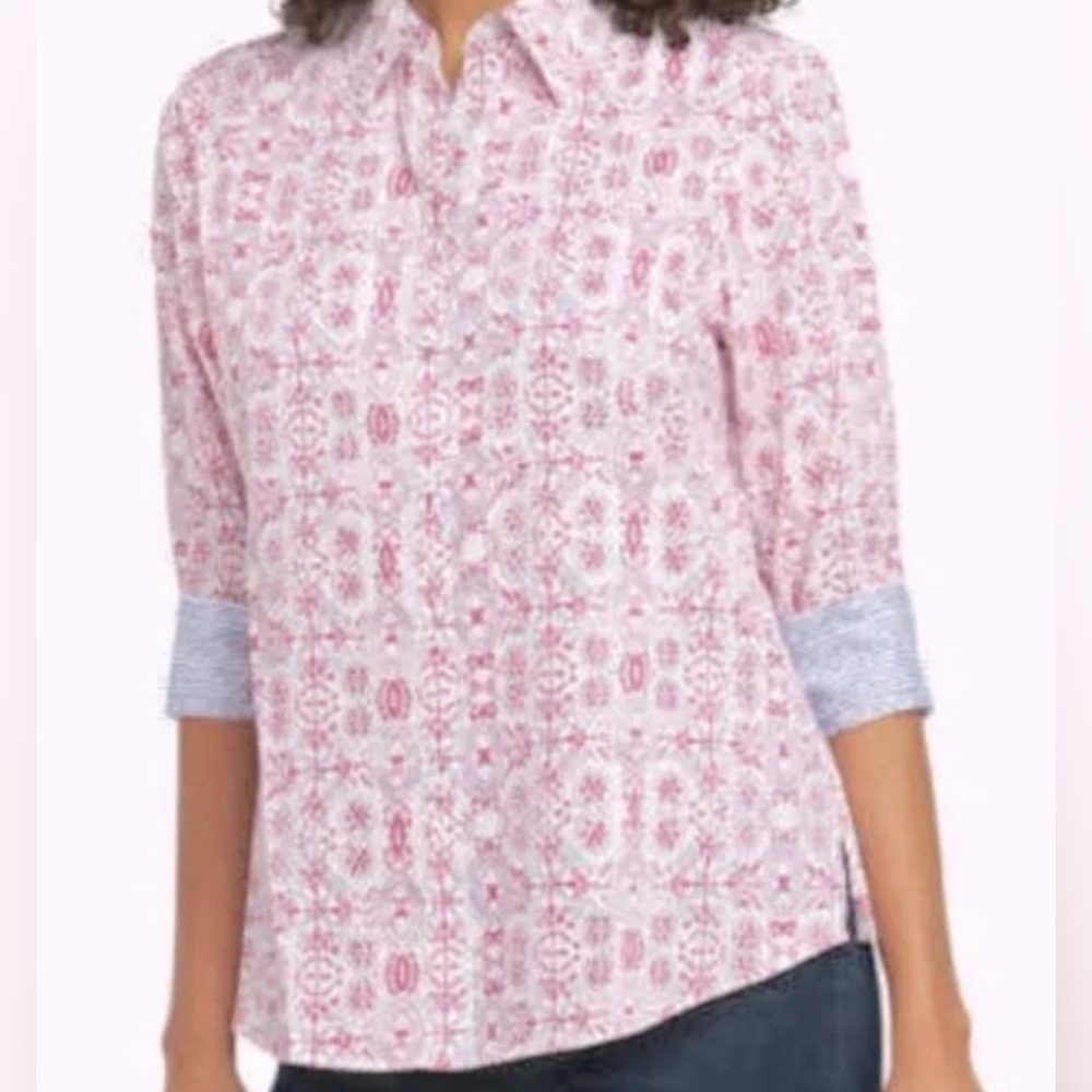 Foxcroft Ava Medium Tribal Hibiscus Floral‎ Print 3/4 Sleeve Button Up Blouse